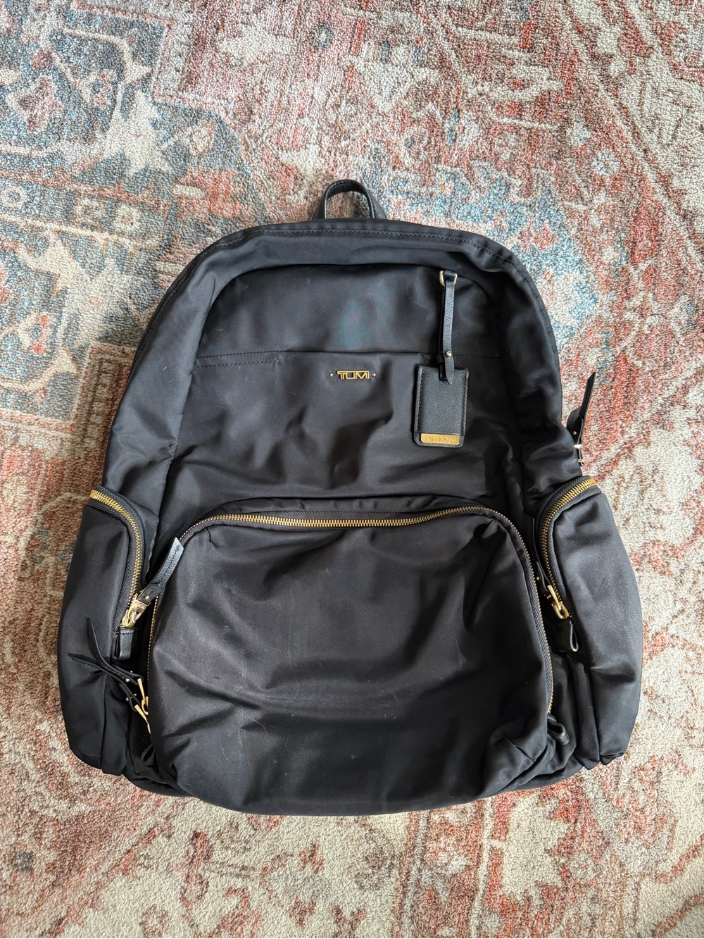 Tumi Black Nylon Backpack with Gold Accents